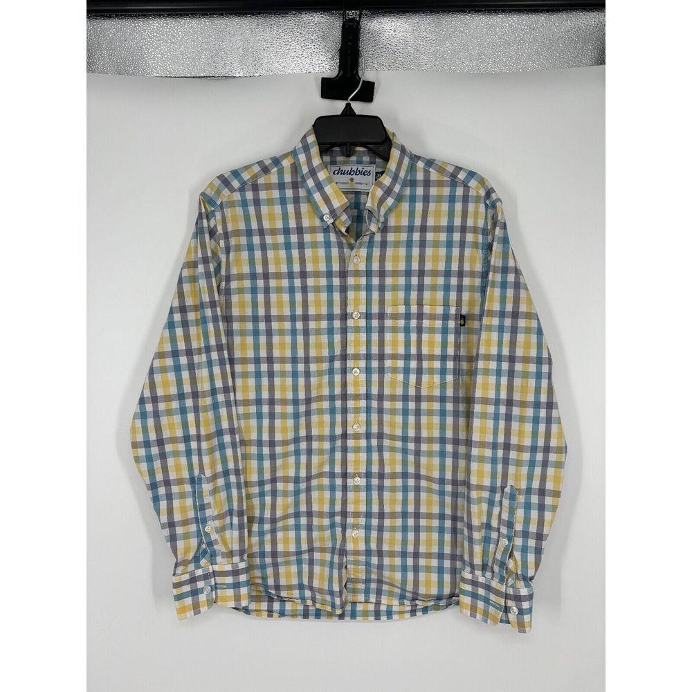 Chubbies Button Down Shirt Plaid Colorful Beach Blue Yellow Logo Stretch Large